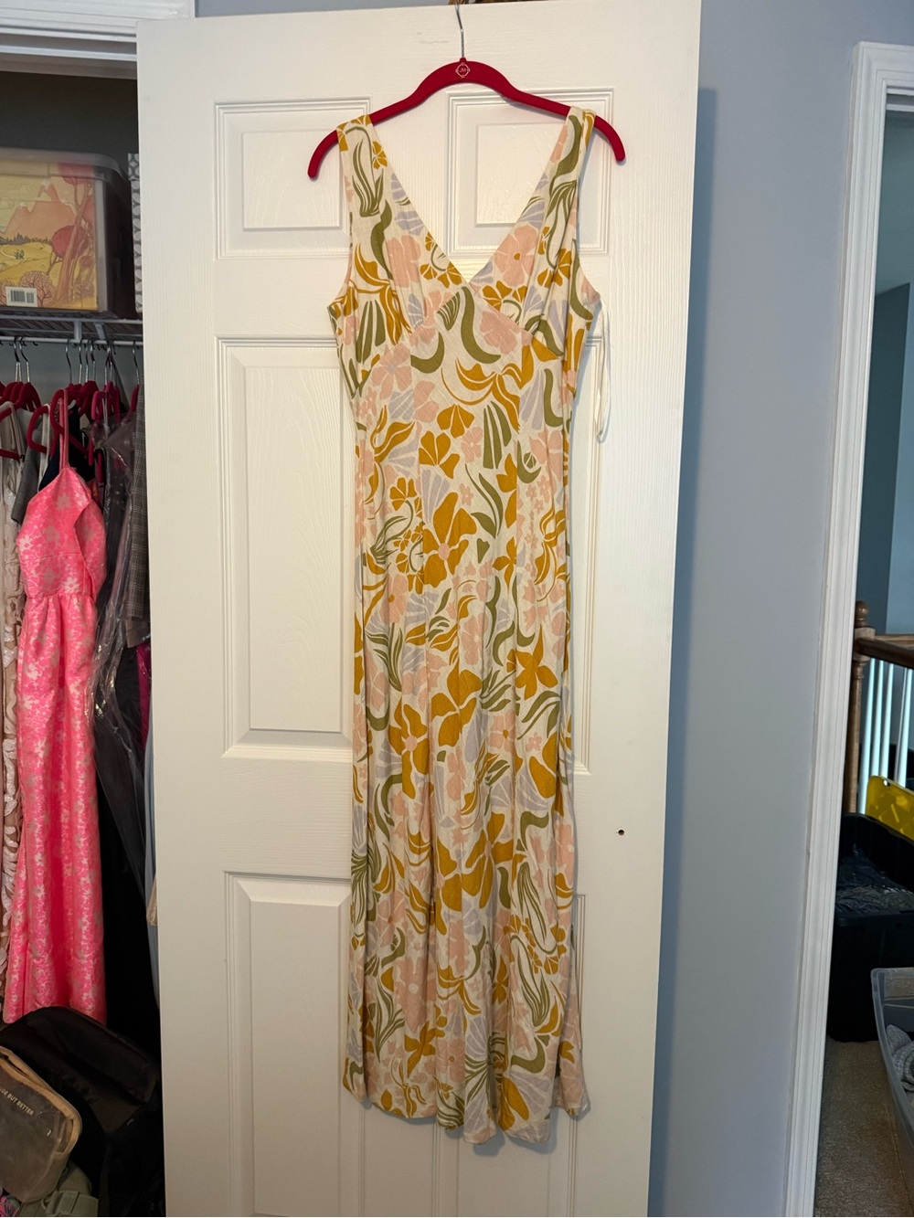 Sleeveless Floral Maxi Dress in Pale Pink and Mustard